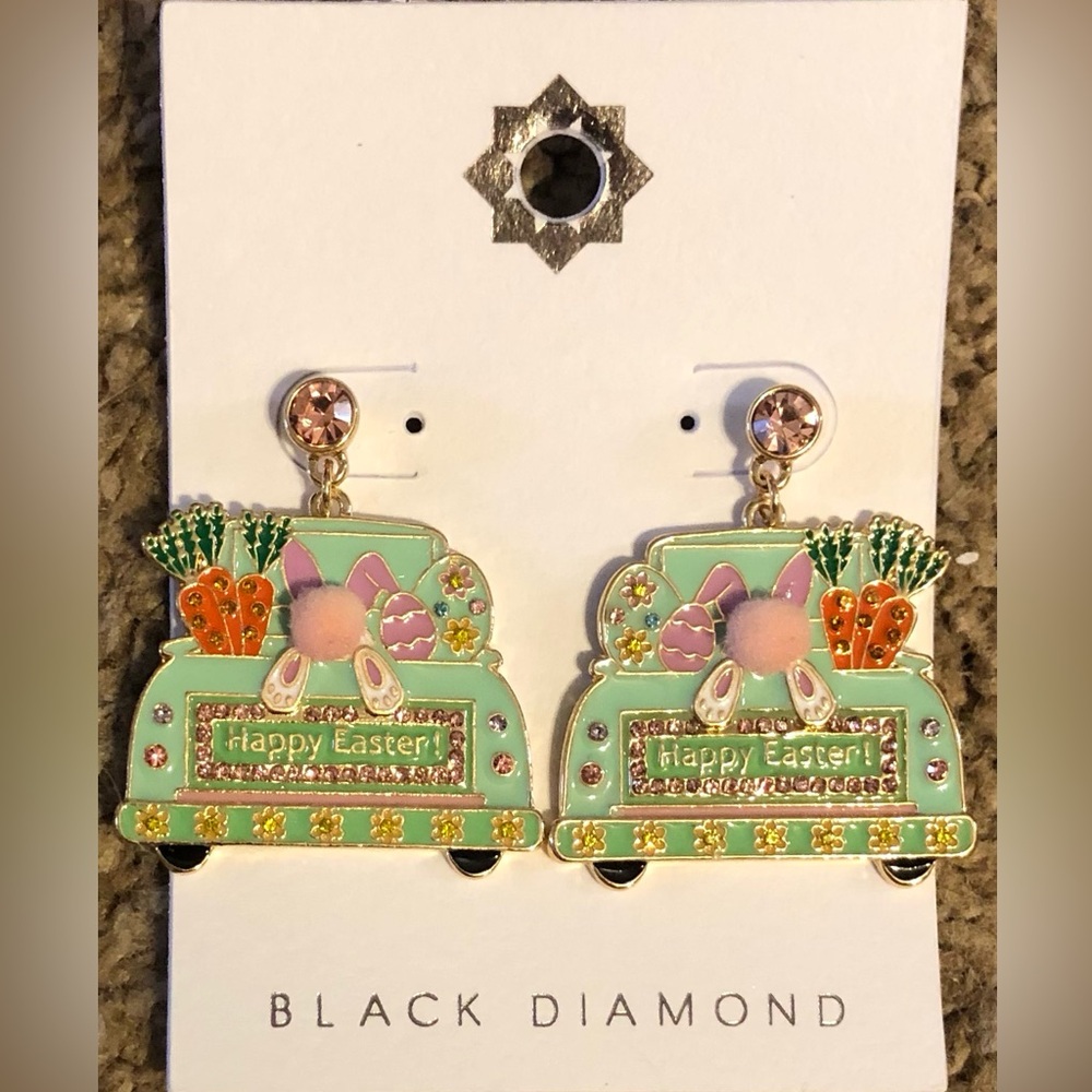 NEW-Black Diamond-“Happy Easter” Green Truck-Post-Dangle-Enamel & Stone Earrings